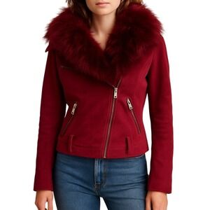 Pink Faux Suede Moto Jacket with Faux Fur Collar Medium Baddy